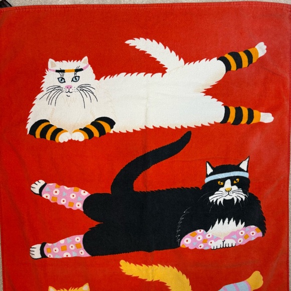 Vintage June Sobel Beach Towel Cat Exercise 57”x32” Red 80s Yoga - Picture 3 of 13